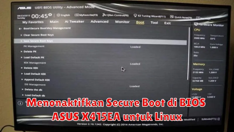 Menonaktifkan Secure Boot di BIOS ASUS X415EA untuk Linux